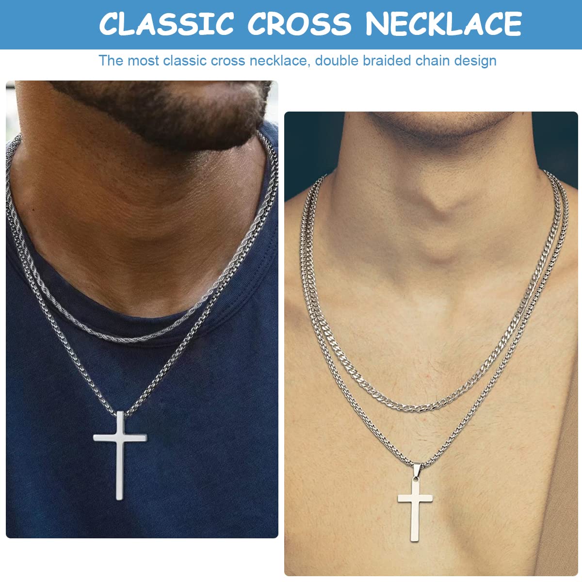 SANNIDHI 2Pcs Cross Necklaces Set Layered Chain Cross Pendant Necklace for Men Women Boys Girls, Classic Electroplated Titanium Steel Necklaces with Flannel Bag Jewelry Gifts (Silver) SANNIDHI 2Pcs Cross Necklaces Set Layered Chain Cross Pendant Necklace for Men Women Boys Girls, Classic Electroplated Titanium Steel Necklaces with Flannel Bag Jewelry Gifts (Silver)